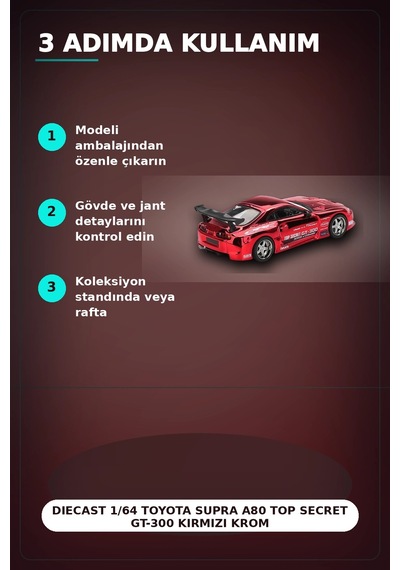 Diecast 1/64 Toyota Supra A80 Top Secret Gt-300 Kırmızı Krom Model Araba Bx-313385
