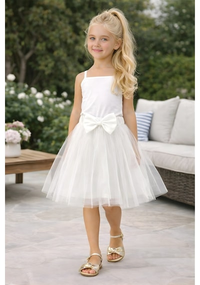 Fesshera Kids Kız Çocuk Etek Fiyonk Desen 23 Nisan Ve 29 Ekim Doğum Günü Eteği Beyaz