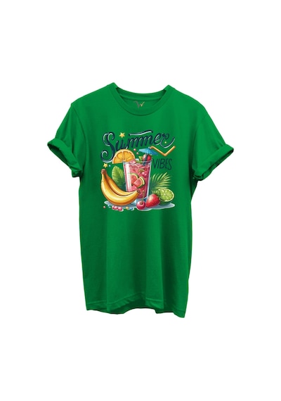Summer Vibes Yazılı Meyve Kokteyli Ve Tropik Desenli %100 Pamuk Regular Fit Unisex T-shirt Yeşil