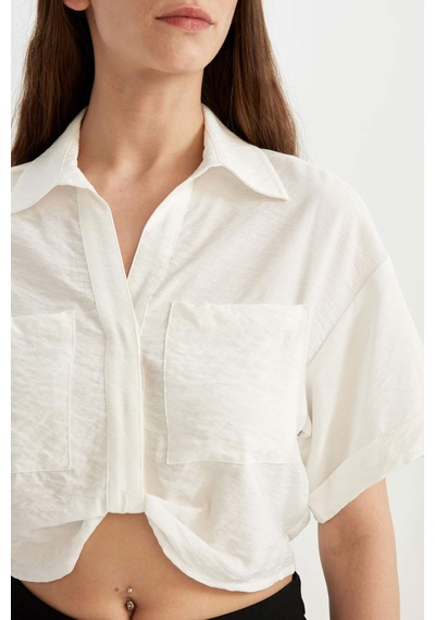 DeFacto Cropped Fit Gömlek Yaka Twill Kısa Kollu Bluz C7799AX24SMER105
