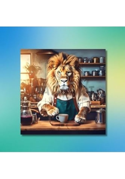 Kare Kanvas Kahve Köşesi Cafe Tablosu Barista Yeleli Aslan, 40 X 40 -