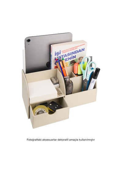 Masaüstü Düzenleyici,kalemlik,kumandalık,küpbloknotluk,tabletlik,kitaplık,6 Gözlü,çekmeceli,desktop Organizer,vegan,24,5 13 12 Bej