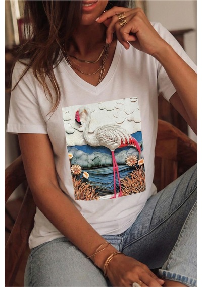 Femelle Beyaz V Yaka Flamingo Boncuk İşlemeli %100 Pamuk Tişört