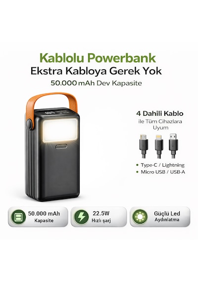 Cepini Cp-05 50.000mah 22.5w Süper Hızlı Şarj Powerbank - Dahili 4 Kablolu Ve Dev Led Aydınlatmalı Siyah