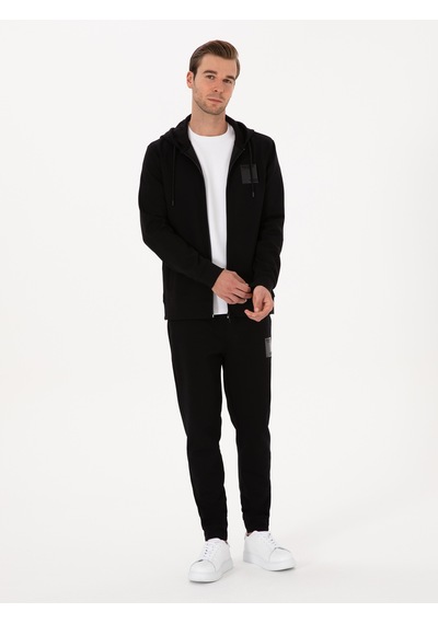 Siyah Regular Fit Pamuk Karışımlı Tam Fermuarlı Kapüşonlu Sweatshirt