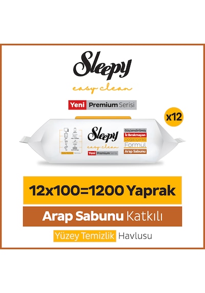 Sleepy Easy Clean Premium Arap Sabunu Katkılı Yüzey Temizlik Havlusu Mendili 12x100 (1200 Yaprak) 
