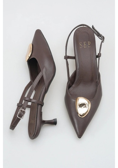 Sermoda Topuklu Kadın Ayakkabı - 5 Cm İnce Topuklu Sivri Burun Arka Açık Stiletto Ayakkabı Kahve