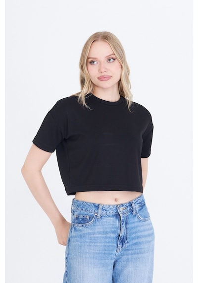 Thiff Gymwear Kadın Beyaz Baskısız Yuvarlak Yaka Crop Tişört T-shirt SIYAH