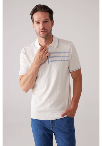 Erkek Kemik Slim Fit Hafif Çizgili Fermuarlı Polo Yaka Tişört