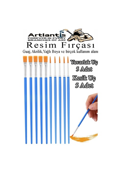Resim Fırçası Kesik Ve Yuvarlak Uçlu 10 Adet Sentetik Fırça Ekonomik Suluboya Akrilik Boya Guaj Boya Yağlı Boya Resim