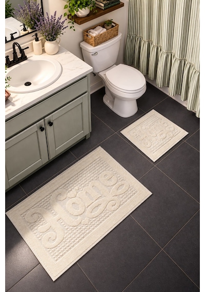 Sakura Sk011a Doğal Pamuk 2'li Banyo Paspas Seti 60x100 60x50cm Kaymaz Taban Makinada Yıkanabilir Krem-bej