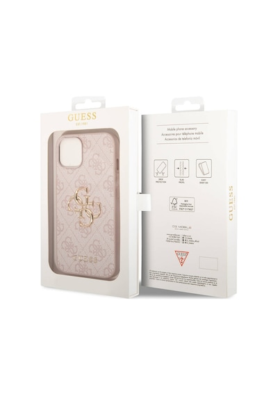 Apple Uyumlu iPhone 15 Kılıf Guess Lisanslı Pu Deri Yazı Ve 4g Metal Logolu Desenli Kapak Pembe