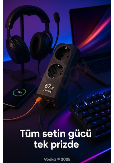 6in1 67w Gan Akıllı Priz 3a Hızlı Şarjlı Masaüstü Çoklu Şarj İstasyonu 3 Type-c + 1 Usb + 2 Acpriz