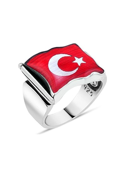Türkiye Bayraklı Ay Yıldızlı Gümüş Erkek Yüzük 925 Ayar Model Bay