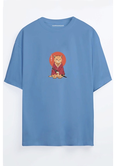 Anime Samuray Kedi Baskılı Unisex Siyah - Beyaz Oversize T-shirt Mavi
