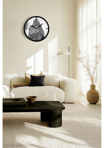 Saat Kulesi - Vintage Temalı Modern Duvar Saati - 25cm - Önü Camlı Siyah Kasa - Sessiz Mekanizma-jh0029 Siyah