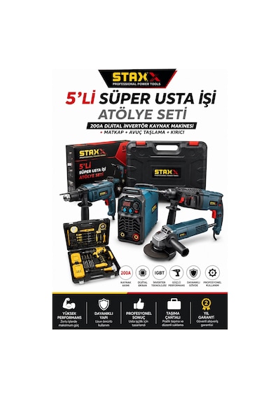 Staxx Atl5set 5'li Atölye Paketi Kaynak Makinesi Kırıcı Avuç Taşlama Darbeli Matkap Akülü Matkap