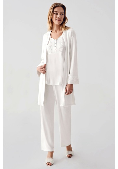 Feminight Freshness 321 Kadın Sabahlıklı Pijama Takımı Ekru