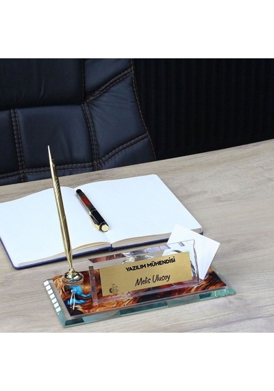 Kişiye Özel Mühendis Logolu Kristal Masa Üstü İsimlik - Saatli Kartvizitlikli Lüks Ofis Hediyesi