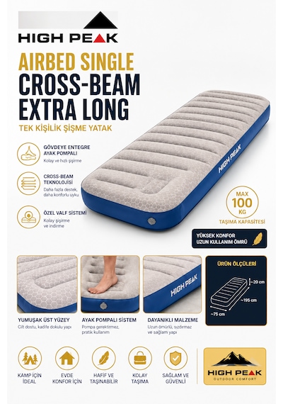 High Peak Airbed Single Cross-beam Extra Long Ayak Pompalı Tek Kişilik Şişme Yatak 195x75x20 Cm Beyaz - Mavi