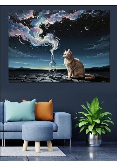 Gece Beyaz Kedi Dekoratif Kanvas - Mdf Ahşap Tablo