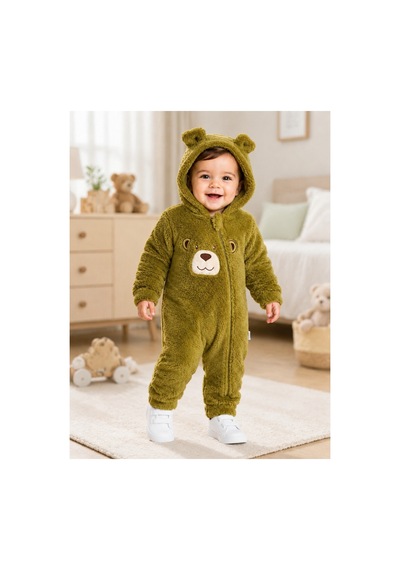 Tatlı Ayıcık Nakışlı Welsoft Peluş Kapüşonlu Fermuarlı Kışlık Unisex Bebek Tulumu Haki
