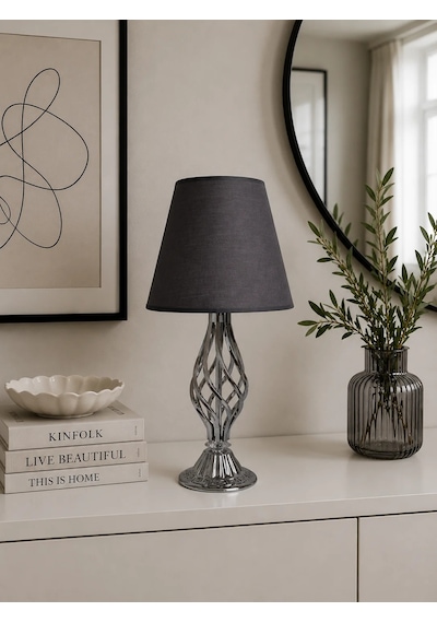 Füme Kumaş Başlık Metal Burgulu Ayaklı Modern Abajur 50x25cm