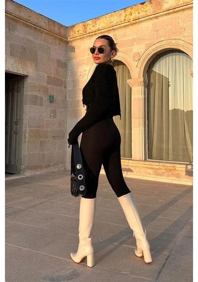 Ramımse Kadın Uzun Yüksek Bel Şardonlu Toparlayıcı Tayt Siyah