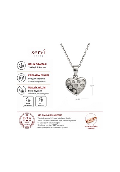 Servi 925 Ayar Gümüş Zirkon Taşlı Mini Kalp Kolye-436
