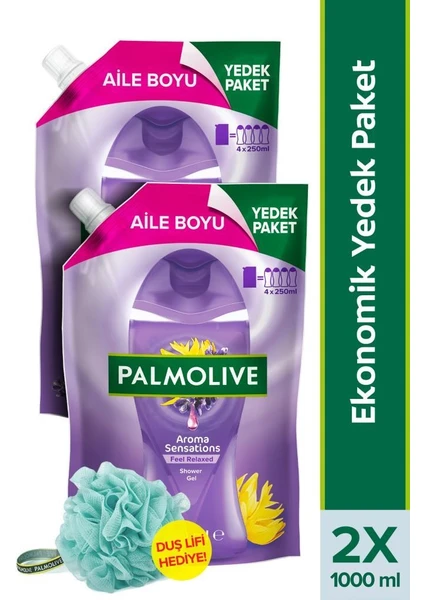 Palmolive Aroma Sensations Feel Relaxed Aile Boyu Yedek Paket Duş Jeli 1000 Ml X2 + Duş Lifi Hediye Lavanta