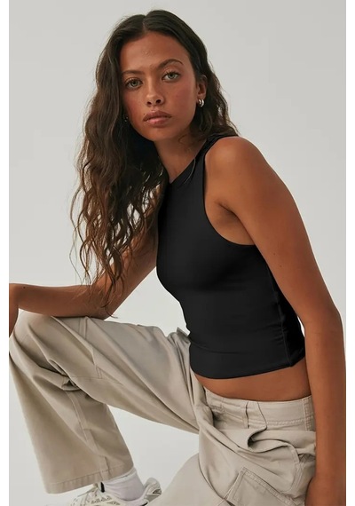 Tarz Cool Kadın Atlet Düz Basic Crop Kolsuz T-shirt Siyah