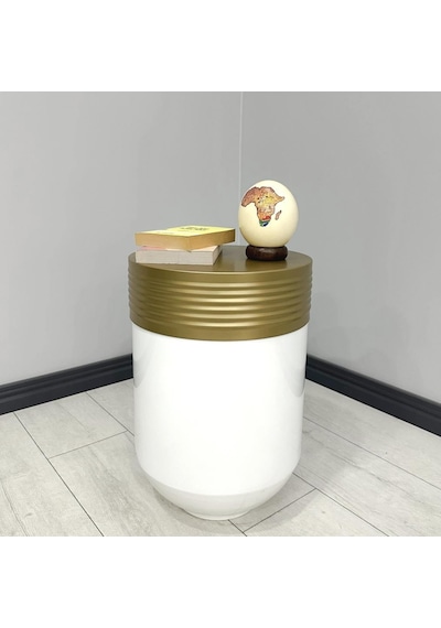 Elegant Dekoratif Eskitme Darbuka Parlak Beyaz Sehpa 60cm