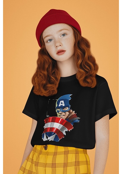Sevbano Unisex Tasarım Kaptan Amerika Baskılı Avengers Film Çocuk Tişört Siyah