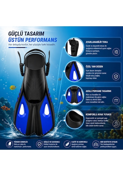 Hymark Full Dalış Seti S-m Beden Maske Şnorkel Palet Ayarlanabilir Profesyonel Deniz Seti Taşıma Çantalı Mavi - Siyah