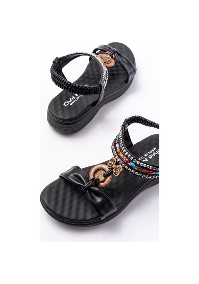 Dm-608 Siyah Taşlı Arka Lastikli Günlük Kadın Sandalet Siyah