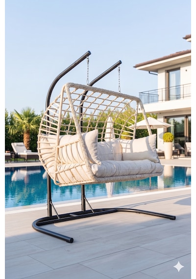 Lüx Çift Kişilik Rattan Bahçe Ve Balkon Salıncağı Krem