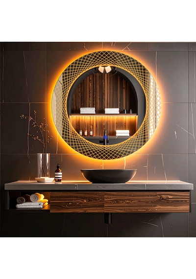 Trivon Amber Led'li Lazer Kumlamalı Lavabo & Banyo Aynası Dokunmatik Sensörlü 90 X 90 Turuncu