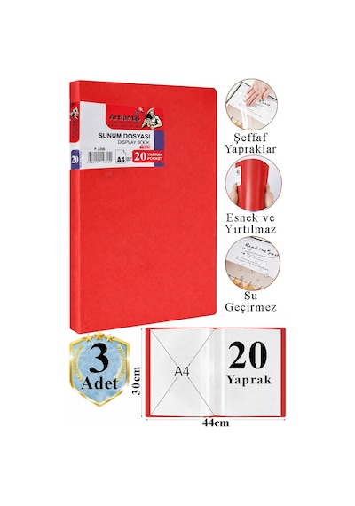 Kırmızı Sunum Dosyası 20 Li 3 Adet Poşet Dosyalı Katalog Dosyası 20 Poşetli Kendinden Dosya Plastik Kapaklı Kırmızı