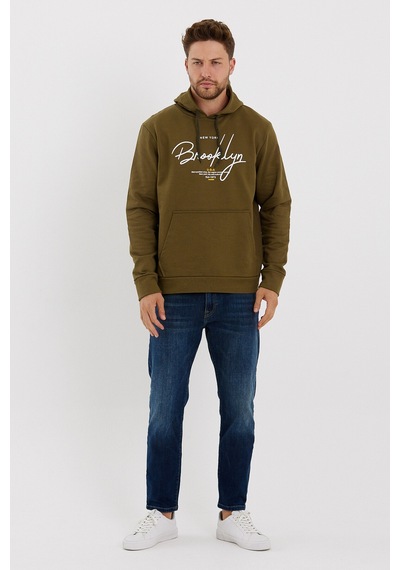 Süperlife Erkek Kapşonlu Oversize Fit Brooklyn Baskılı İnce Sweatshirt Spr23sw361 Haki