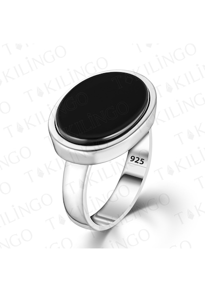 Takılingo 925 Ayar Gümüş Oval Siyah Oniks Taşlı Kadın Yüzük Gümüş