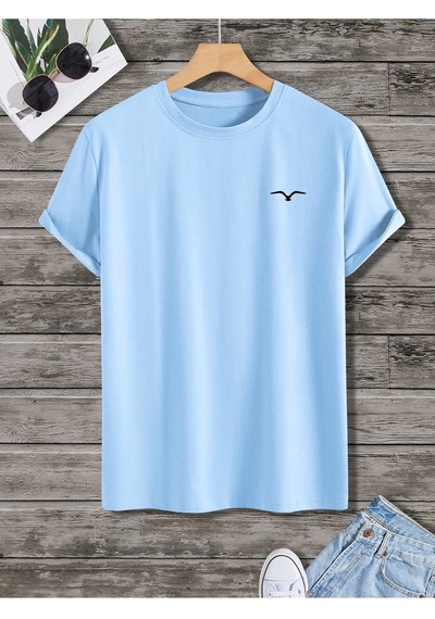 Kuş Logo Minimal T-shirt - Bebe Mavisi Oversize Baskılı Bisiklet Yaka Bebe Mavisi