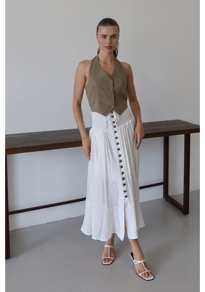 Neşeli Butik Kadın Bel Lastikli Düğmeli Etek Nbnp010 Beyaz