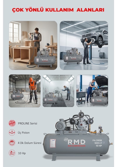 R.m.d Kompresör Hava Kompresörü Pistonlu 500 Lt 3 Kafa 8 Bar 10 Hp I Pa390b