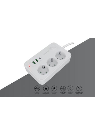 Polosmart Mp15, Akım Korumalı Uzatma Kablosu, 3'lü Priz, 2 Metre Kablo, 2 Usb+1 Type-c 2