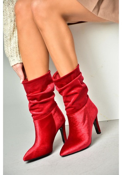 Fox Shoes R404020339 Bordo Kadife İnce Topuklu Büzgülü Kadın Bot Bordo