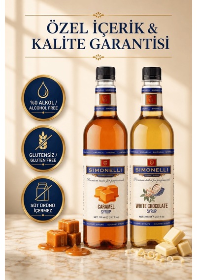 Simonelli Karamel & Beyaz Çikolata Aromalı Gurme Kahve ve Kokteyl Şurubu Seti 2 x 700 ML + Pompa
