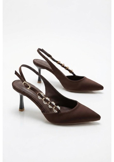Fort 129-2704 Saten Taş Toka Detaylı 7 Cm Topuk Yüksekliği Rahat Kadın Ayakkabı Kahve