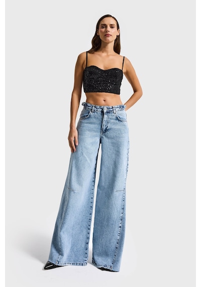 it's basic Kadın Kot Rengi 4s6-3 Baggy Palazzo Fit Kemer Detaylı %100 Koton Denim Jean Mavi