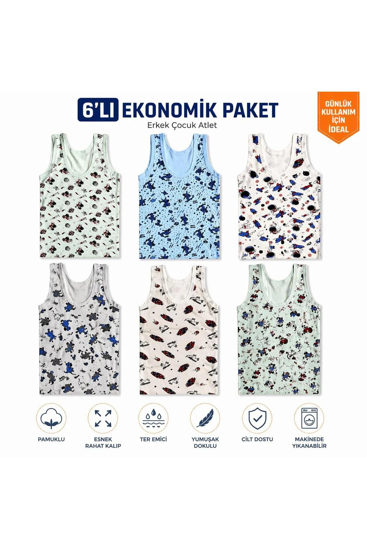 Qulat 6 Lı Erkek Çocuk Atlet Seti Pamuklu Esnek Ter Emici Karışık Desenli Ekonomik Paket Çok Renkli
