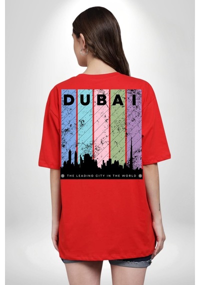 Dubai Şehir Silüeti Renkli Şehir Kırmızı Oversize Unisex Ön Ve Sırt Baskılı Tişört Kırmızı